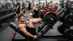 A lifter using a 45 degree leg press at the gym, with weights.