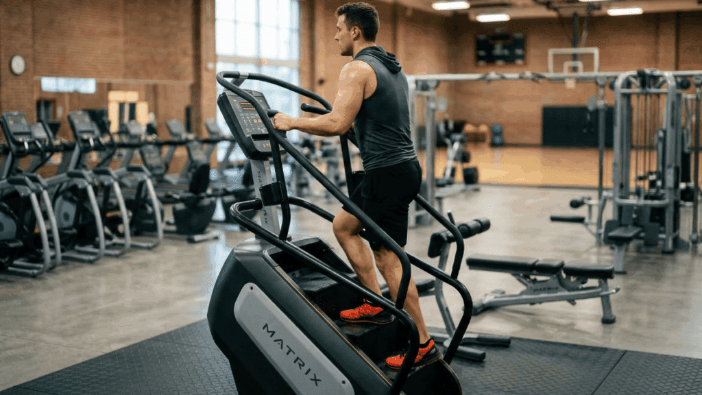 A lifter using a stair climber machine at the gym.