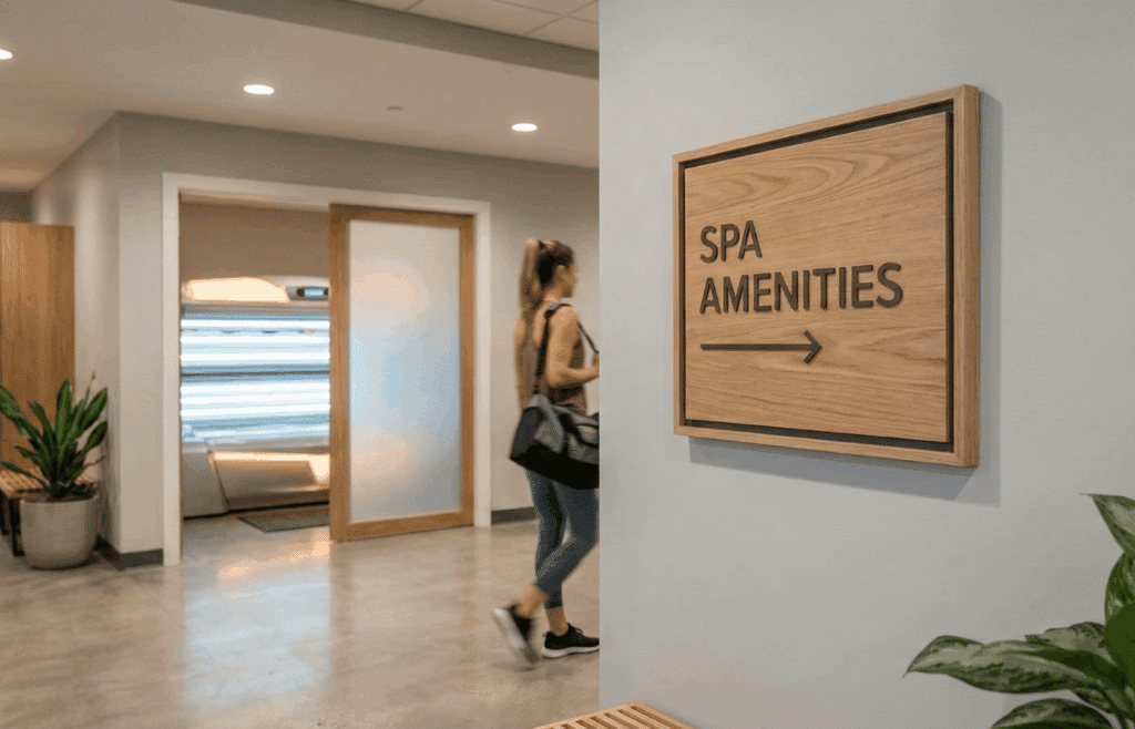 Modern gym lobby with a tanning bed and other spa amenities.