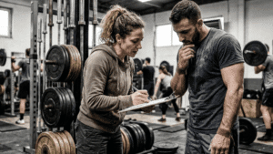 A lifting coach discussing one rep max with a lifter in the gym.