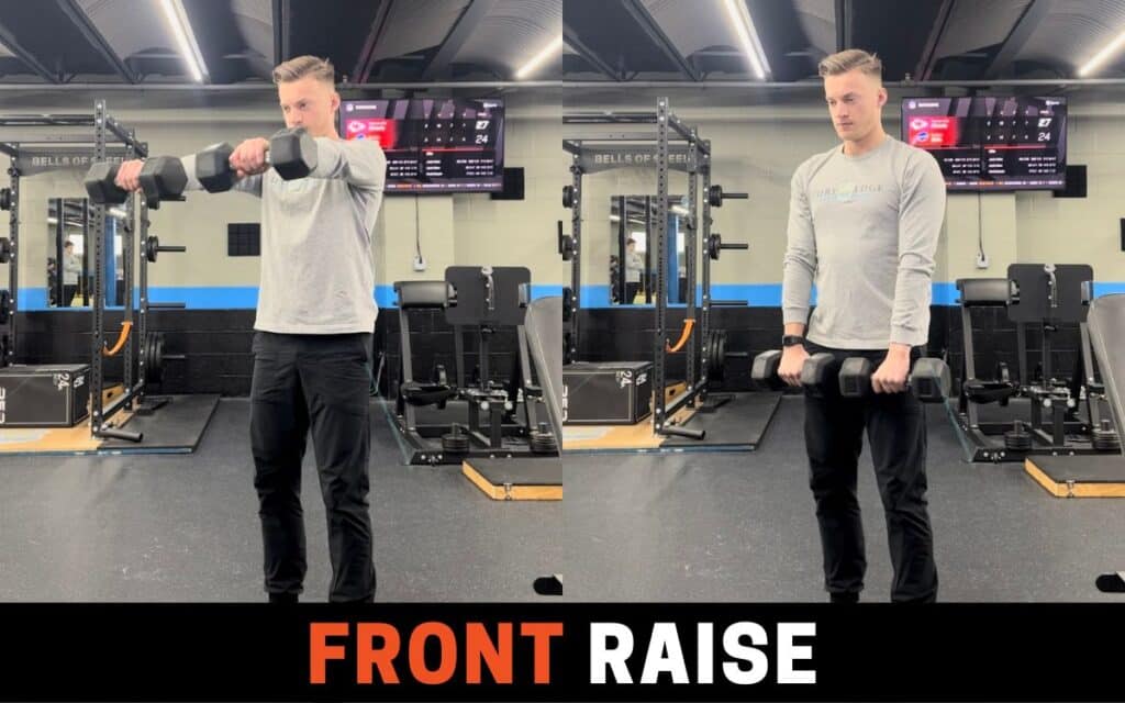 Dumbbell Front Raise are one of the best dumbbell shoulder workouts, taken by Jake Woodruff, Strength Coach