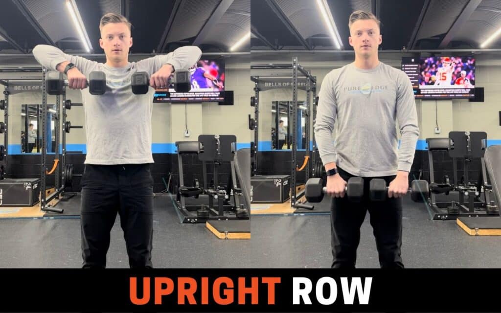 Dumbbell Upright Row are one of the best dumbbell shoulder workouts, taken by Jake Woodruff, Strength Coach