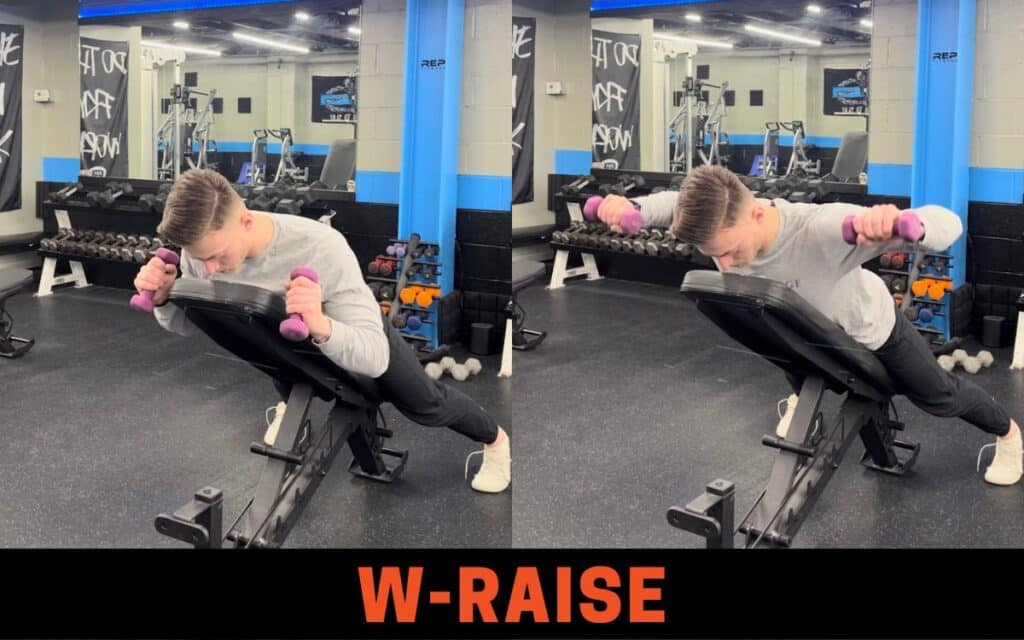 Incline Bench Dumbbell W-Raise are one of the best dumbbell shoulder workouts, taken by Jake Woodruff, Strength Coach
