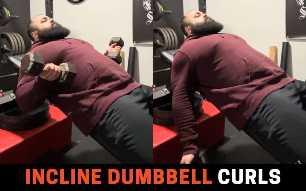 Incline Dumbbell Curls are one of the best dumbbell biceps workouts, taken by Joseph Lucero, Strength Coach