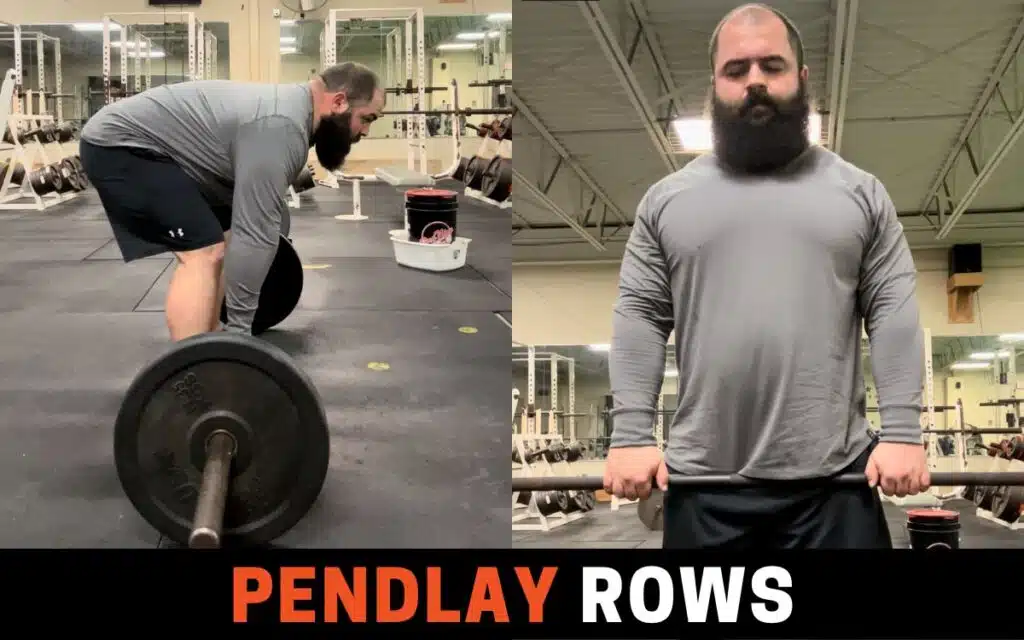 Pendlay row performed with barbell from the floor to the sternum with back parallel to the ground