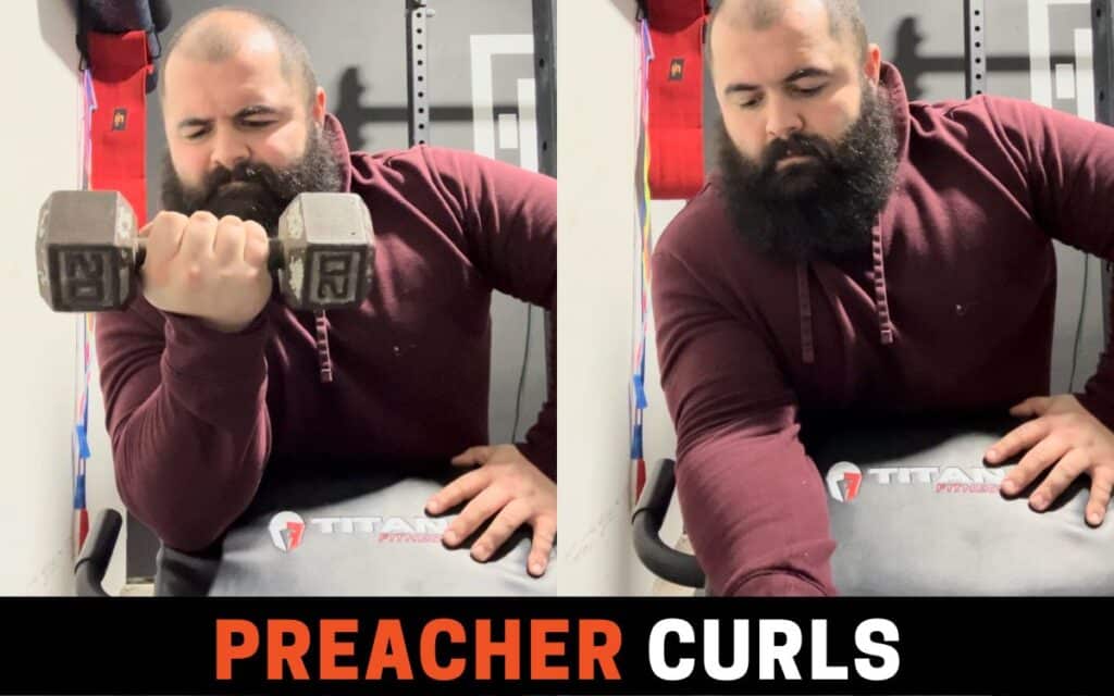 Preacher Curls are one of the best dumbbell biceps workouts, taken by Joseph Lucero, Strength Coach