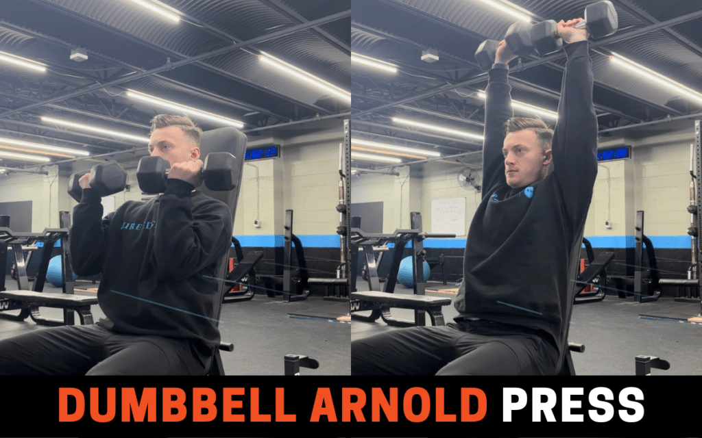 Seated Dumbbell Arnold Press are one of the best dumbbell shoulder workouts, taken by Jake Woodruff, Strength Coach