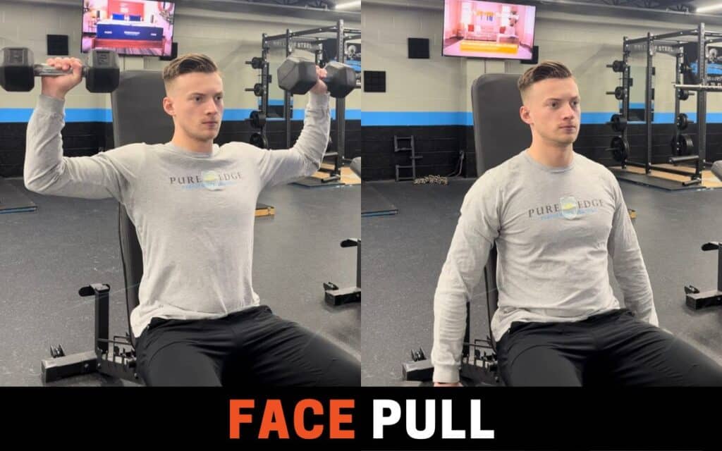 Seated Dumbbell Face Pull are one of the best dumbbell shoulder workouts, taken by Jake Woodruff, Strength Coach