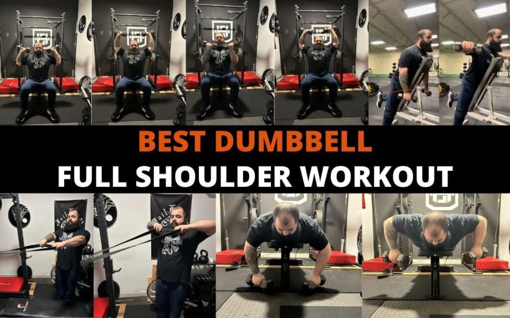 The best dumbbell full shoulder workout has military press, Arnold press, lateral raises, face pulls, and pronated rows