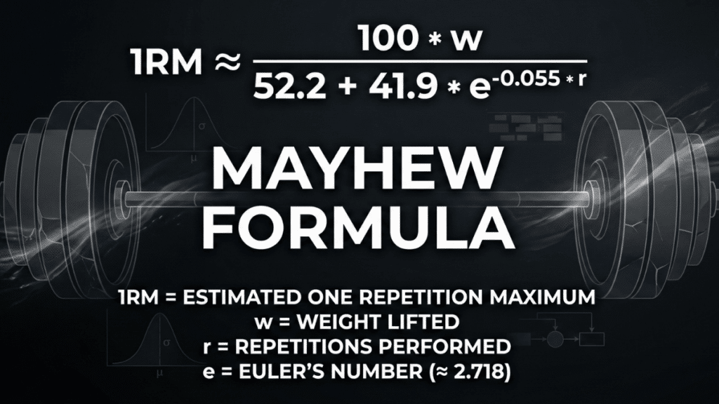 Mayhew et al. one rep max formula showing the exponential equation for estimating 1RM from weight and reps performed