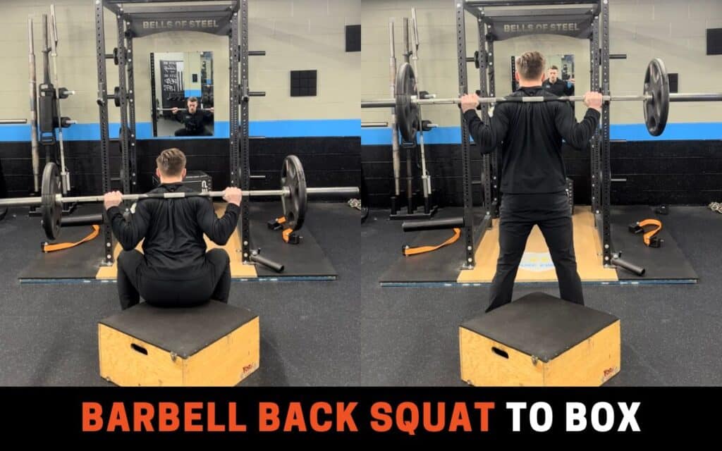 Barbell Back Squat To Box is one of the best squat progressions, taken by Jake Woodruff, Strength Coach