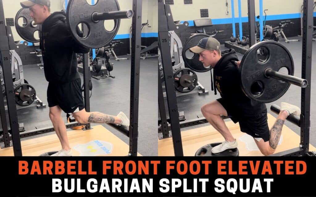 Barbell Front Foot Elevated Bulgarian Split Squat is one of the best leg extension alternatives, taken by Jake Woodruff, Strength Coach