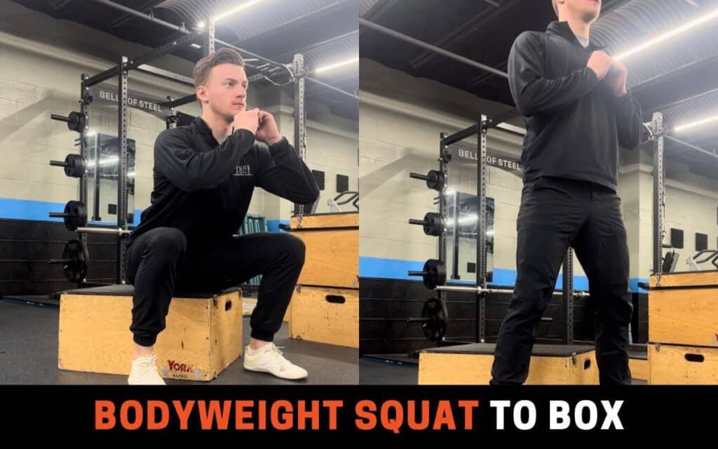 Bodyweight Squat To Box is one of the best squat progressions, taken by Jake Woodruff, Strength Coach