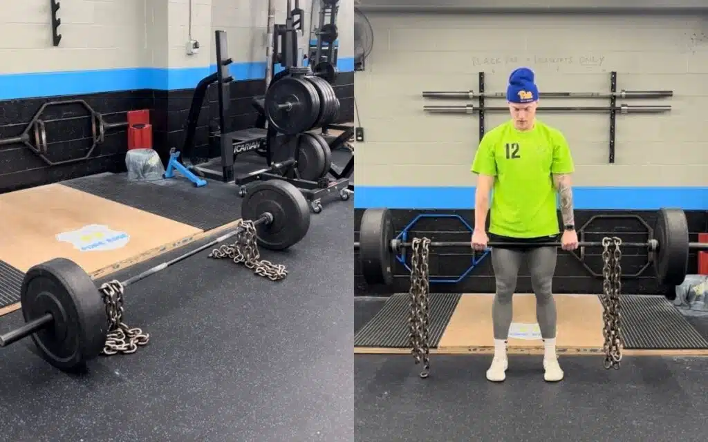 Chained Deadlift banded deadlifts, taken by Jake Woodruff, Strength Coach