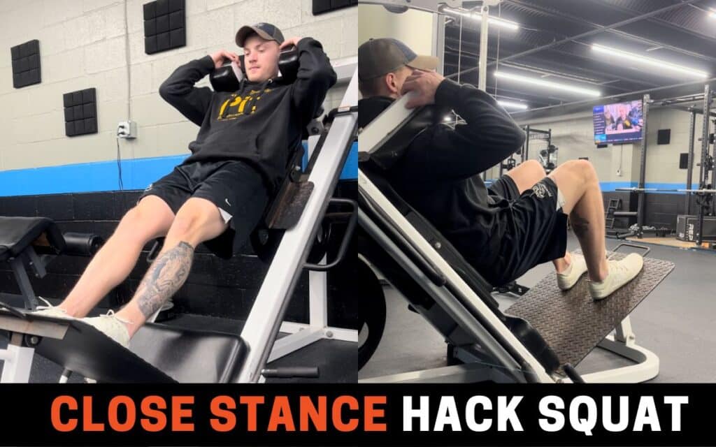 Close Stance Hack Squat is one of the best leg extension alternatives, taken by Jake Woodruff, Strength Coach