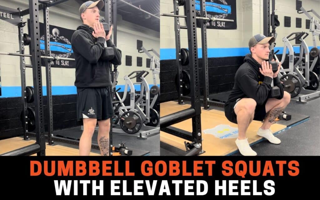 Dumbbell Goblet Squats with Elevated Heels is one of the best leg extension alternatives, taken by Jake Woodruff, Strength Coach