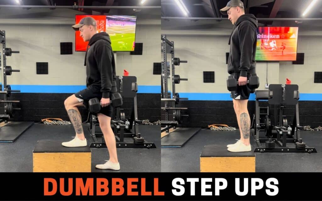 Dumbbell Step Ups is one of the best leg extension alternatives, taken by Jake Woodruff, Strength Coach