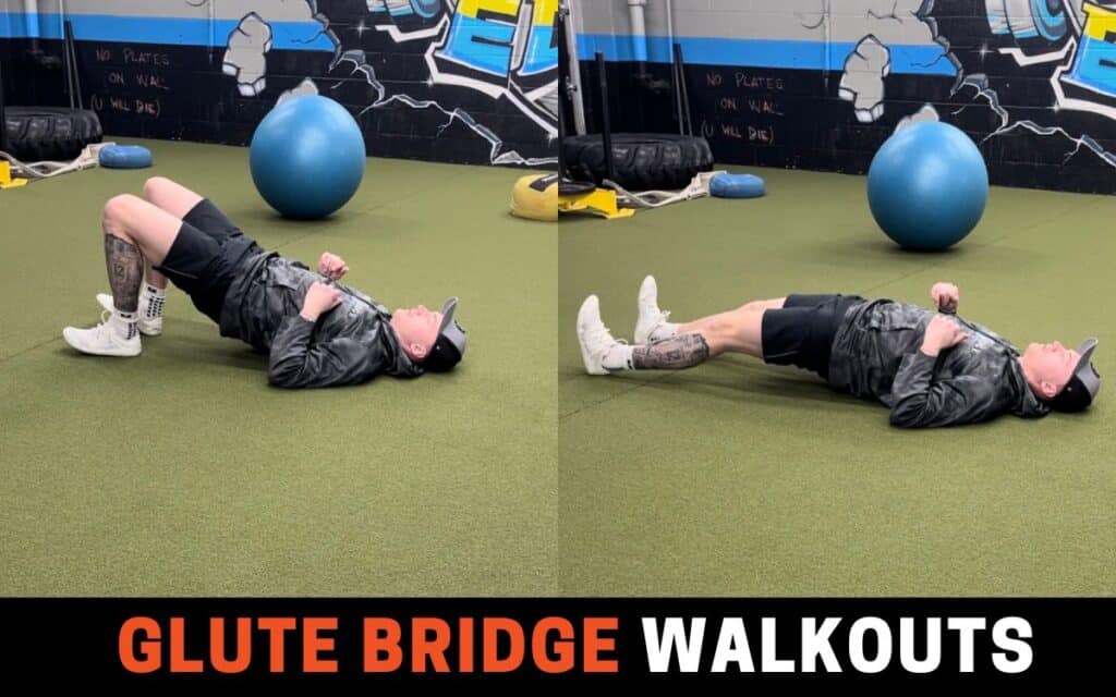 Glute Bridge Walkouts is one of the best leg curl alternatives, taken by Jake Woodruff, Strength Coach