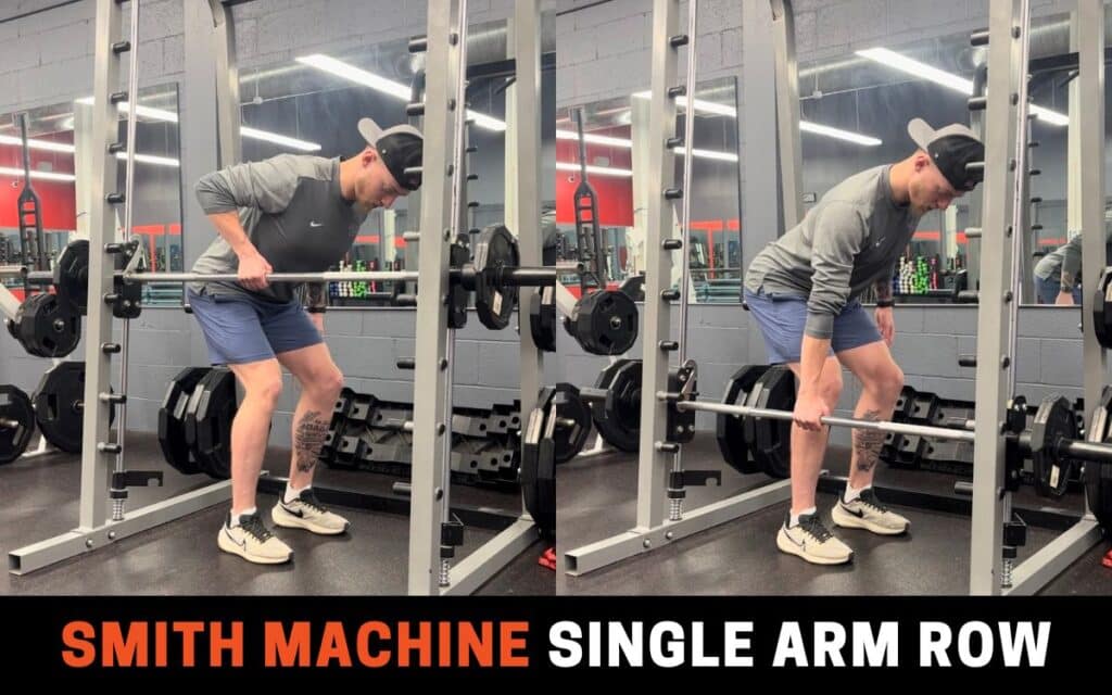 Smith Machine Single Arm Row smith machine back workout, taken by Jake Woodruff, Strength Coach