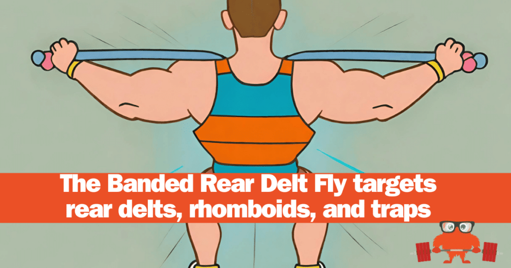 The Banded Rear Delt Fly targets rear delts, rhomboids, and traps