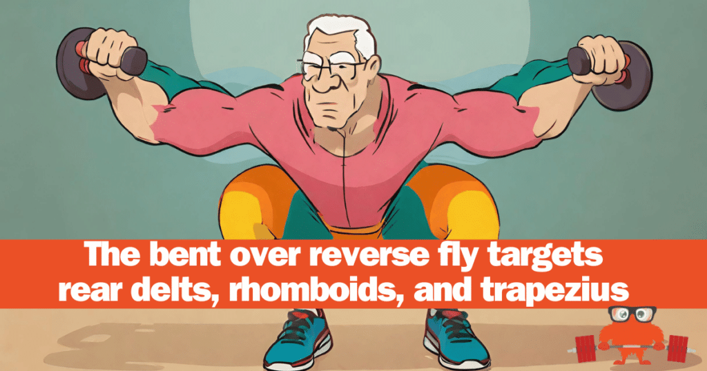 The bent over reverse fly targets rear delts, rhomboids, and trapezius