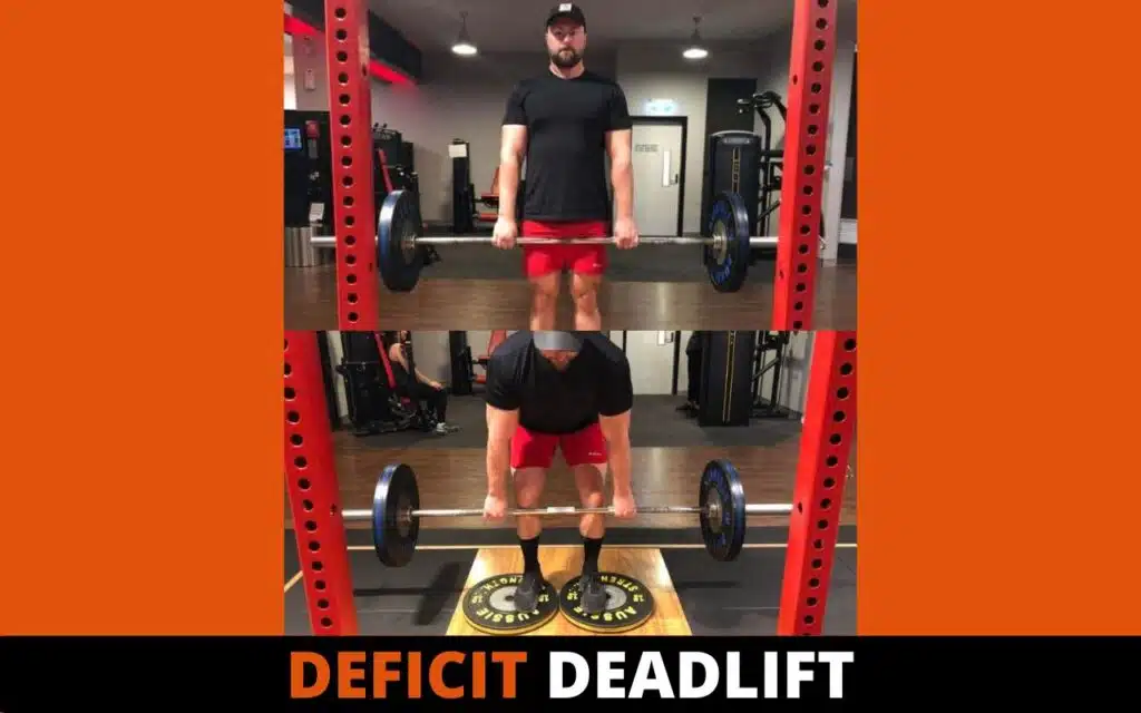 Athlete performing a deficit deadlift standing on 45lb plates to increase range of motion at the bottom of the pull