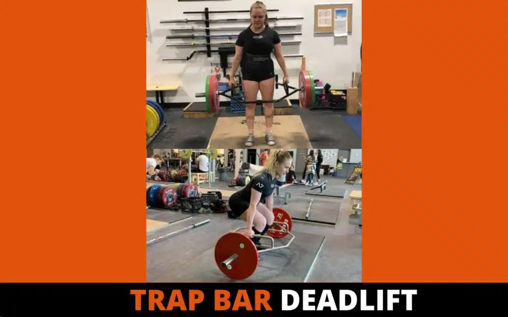 Athlete performing a trap bar deadlift standing inside a hex bar with neutral grip handles