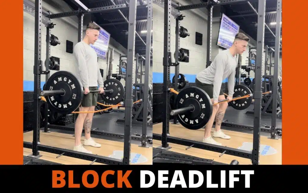 Athlete performing a block deadlift with barbell resting on knee-height blocks inside a power rack