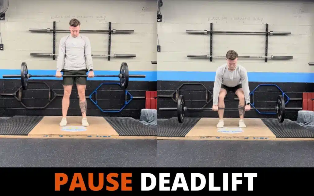 Athlete pausing a deadlift at knee height during the concentric phase to build quad strength and positional awareness
