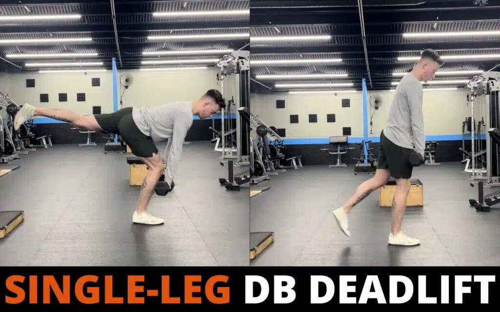 Athlete performing a single-leg dumbbell deadlift balanced on one foot with neutral spine and dumbbells hanging