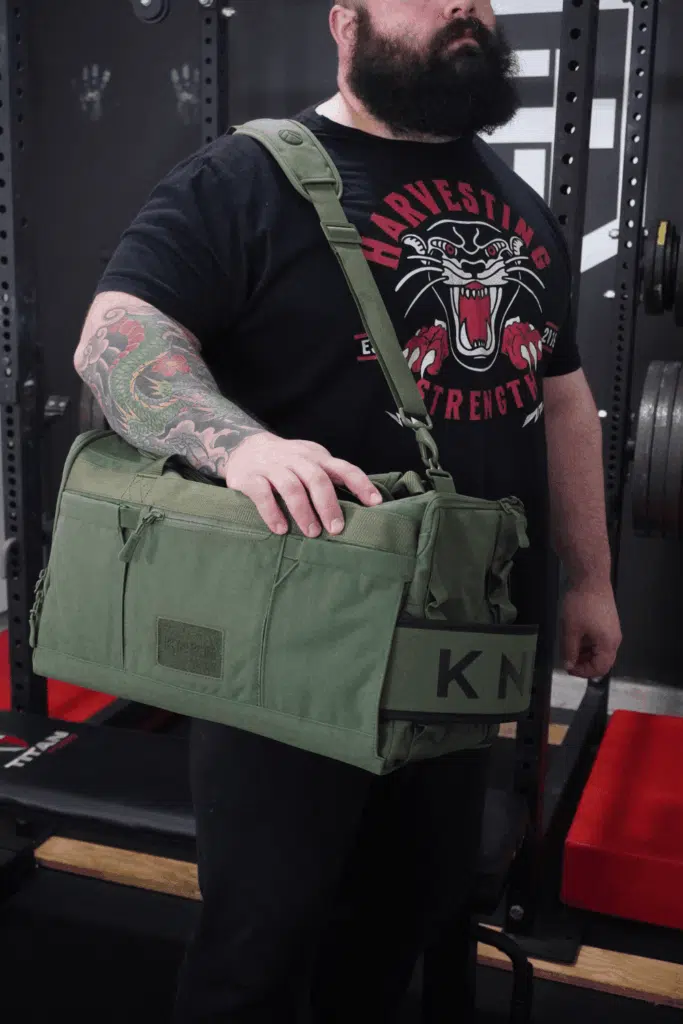 My top choice for powerlifting gym bags: The Core duffel from KNKG.