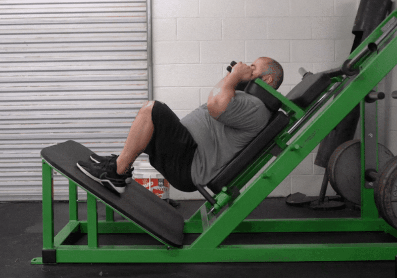 The bottom position of the hack squat.