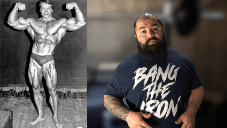Side by side images of Arnold Schwarzenegger and a professional strength coach.