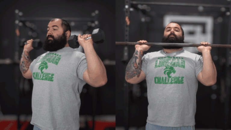A strength coach doing dumbbell overhead press and barbell overhead press.