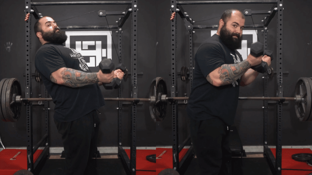 A strength coach shows how to lean back during bicep curls to maintain maximum time under tension.
