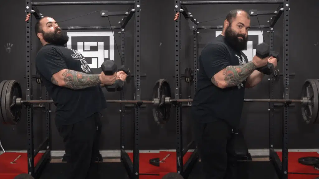 A strength coach shows how to lean back during bicep curls to maintain maximum time under tension.