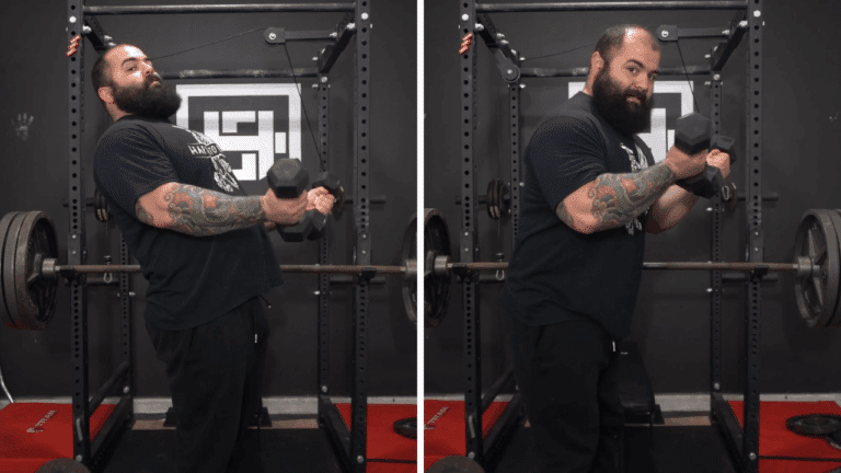 Side by side images of the top and bottom position of bicep curls, with a lean variation.