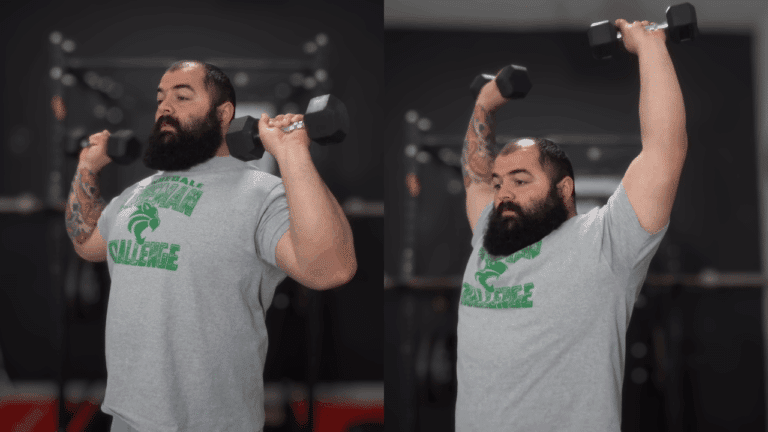 A coach shows the starting and ending position for dumbbell overhead press.