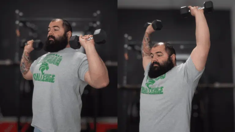 A coach shows the starting and ending position for dumbbell overhead press.