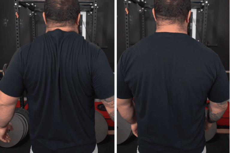 Strength coach demonstrating a scapular squeeze with arms at his sides