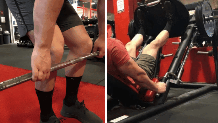 Side by side images showing squats and leg presses.