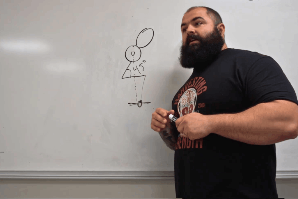 A professional strength coach stands in front of a whiteboard with a diagram of a person doing squats. The back angle is shown on the diagram.