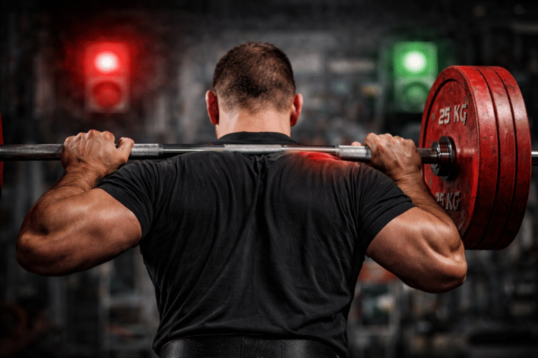 A powerlifter, shown from behind, ready to squat.