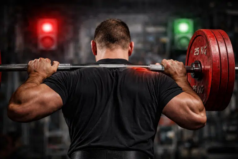 A powerlifter, shown from behind, ready to squat.