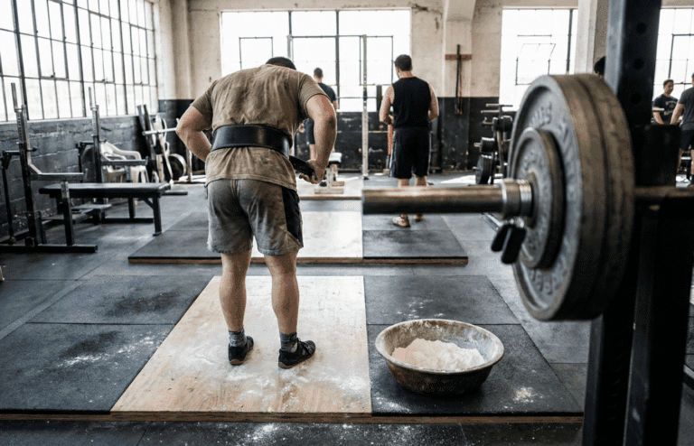 A lifter at a gym, leaning over to adjust a weightlifting belt.