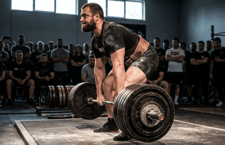 A lifter braced and pulling a heavy bar from the floor with loaded plates.