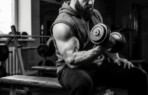 A powerlifter doing bicep curls at the gym.