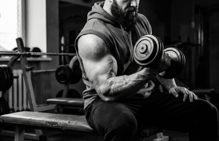 A powerlifter doing bicep curls at the gym.