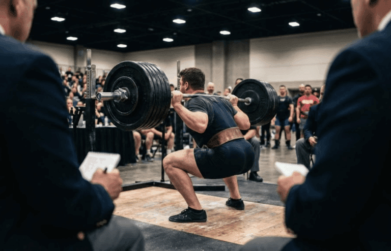 A powerlifting platform during a squat competition.