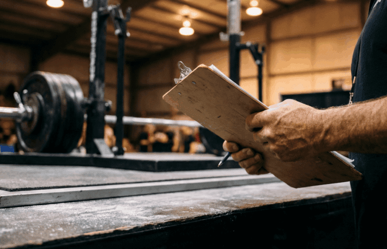 a powerlifting judge’s hands holding a clipboard near the platform